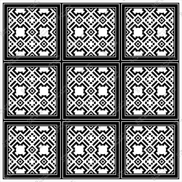 Black and white mosaic pattern, consisting of squares decorated with repeating geometric motifs.