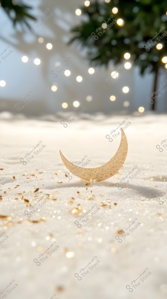 The image shows a small golden crescent placed on a white sandy surface, surrounded by small scattered pieces of gold. In the background, warm, soft lights are distributed on a green tree, creating a warm and serene atmosphere.
