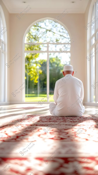 A person sitting on a red and white patterned prayer rug in a well-lit room with large arches and windows overlooking a bright green landscape. The person is wearing a white robe and a white cap, sitting in a meditative position.