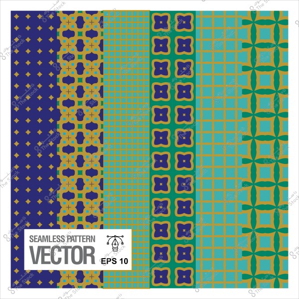 نماذج زخرفية ملونة بأشكال هندسية مختلفة بألوان الأزرق والذهبي والأخضر.