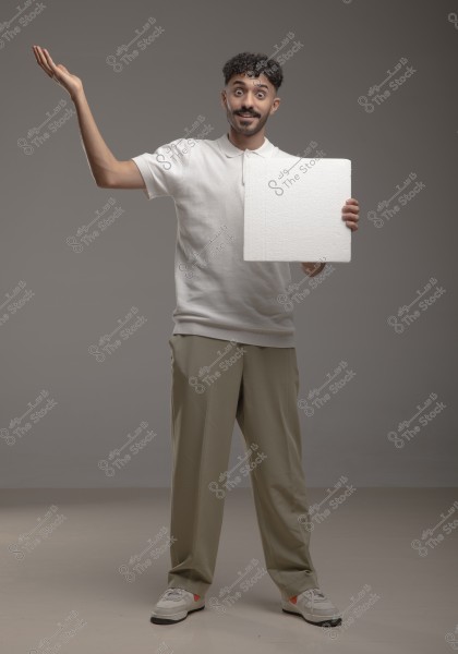 A person stands in a studio wearing casual attire, including a white polo shirt, beige pants, and sneakers. They are smiling, raising their left hand while holding a large white board with their right hand. The background is simple and gray.
