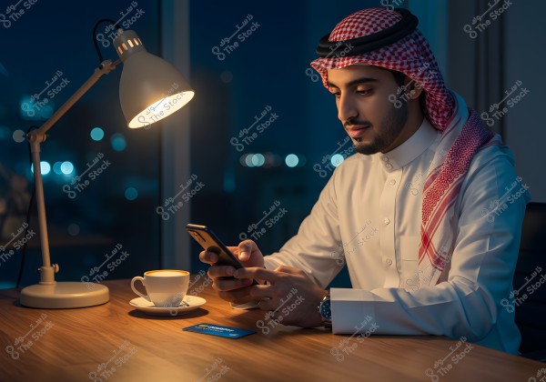 Image of a man sitting at a desk at night, wearing a white thobe and traditional checkered headscarf with an agal. He is looking at a smartphone in his hand, with a cup of coffee on the desk beside him, and a desk lamp providing warm light to the scene. In the background, city lights are visible outside the window.