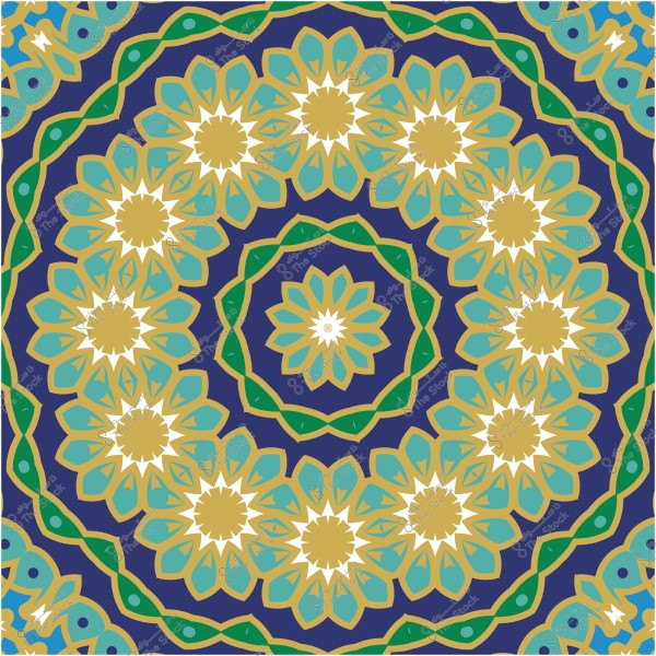 نمط هندسي مزخرف ذو تصميم متماثل يحتوي على أشكال زهرية متعددة الألوان باللون الأزرق والأخضر والذهبي.