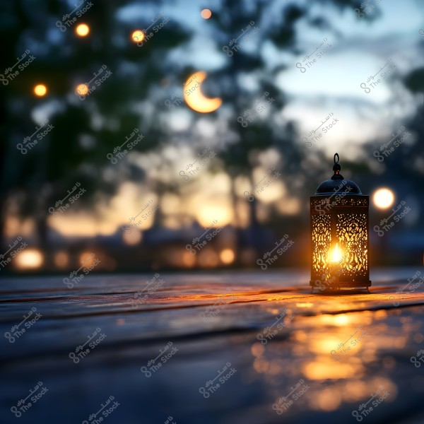 A lit lantern stands on a wooden surface in the foreground, with a sunset and blurred background showing trees and small scattered lights illuminating the horizon, and a small crescent moon in the sky.