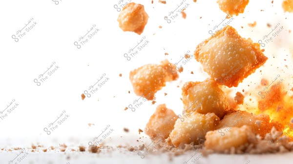 Image showing golden crispy pieces in the air, surrounded by their crumbs scattering. The background is white, highlighting the airborne particles in the scene.