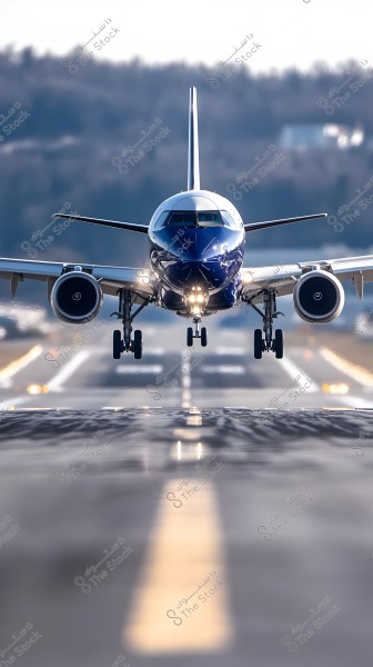 The image shows an airplane flying above the runway, preparing to land. The aircraft is dark blue with white stripes on its body. It is depicted in fine detail, with a clear view of the engines and wheels. The background is blurred, providing a sense of depth.