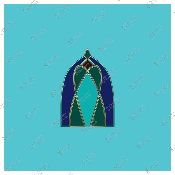 رسم هندسي على شكل قوس بزخرفة ألوان زرقاء وخضراء على خلفية زرقاء فاتحة.