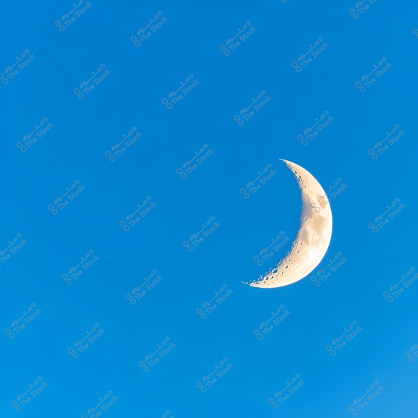Image showing a crescent moon in white and beige against a clear blue sky, highlighting its detailed surface and darker parts.