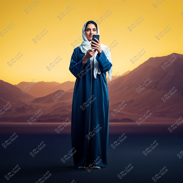 A portrait of a woman wearing a blue abaya and a white hijab, standing in a desert landscape with a backdrop of mountains and a yellow sky. The woman is holding a mobile phone and looking at it.