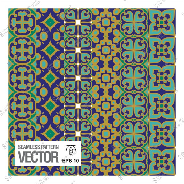 نمط زخرفي متكرر بألوان الأزرق والذهبي والأخضر في شكل إسلامي تقليدي.