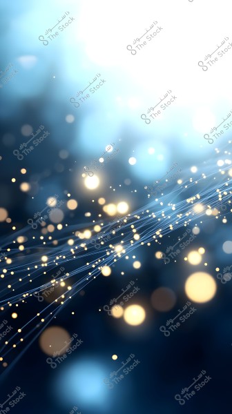 An abstract image featuring glowing golden light bokeh spread across a dark blue background. White light streaks are scattered throughout, creating a dynamic effect and an impression of depth.