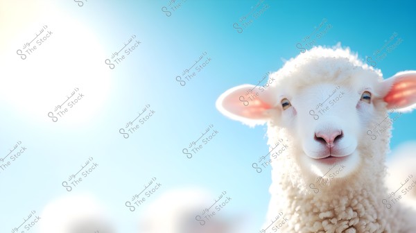 A photo of a smiling young lamb, prominently displayed in the foreground. It features bright white wool and pink ears. The background shows a bright blue sky with a shining sun on the left.