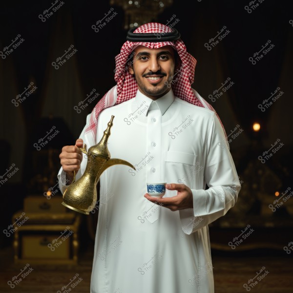 A portrait of a man wearing traditional Saudi attire, featuring a white thobe and a red and white ghutra. The man is smiling and holding a traditional coffee pot in his right hand and a small coffee cup in his left. He appears to be in a traditional Arabic setting with warm lighting in the background.