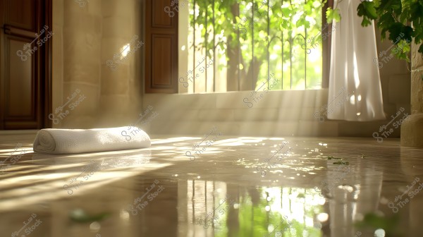 The image shows a rolled white towel placed on a shiny floor inside a sunlit room. The room has a large window allowing natural light to pour in, with sunlight streaming through green leafy trees outside. The walls are made of creamy stone, and there is a white curtain hanging, fluttering slightly in the breeze.
