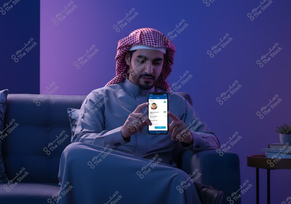 A man sitting on a sofa in a dimly lit room, dressed in traditional Gulf attire including a thobe and a white checked headscarf, holding a smartphone displaying a profile picture and details on the screen. Next to him is a small side table with books and a small plant.