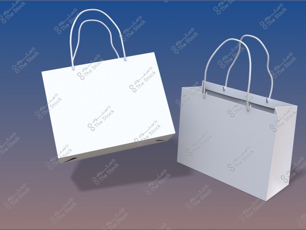 The image shows two white paper bags against a gradient blue to brown background. Both bags have paper handles, with one tilted and the other upright.