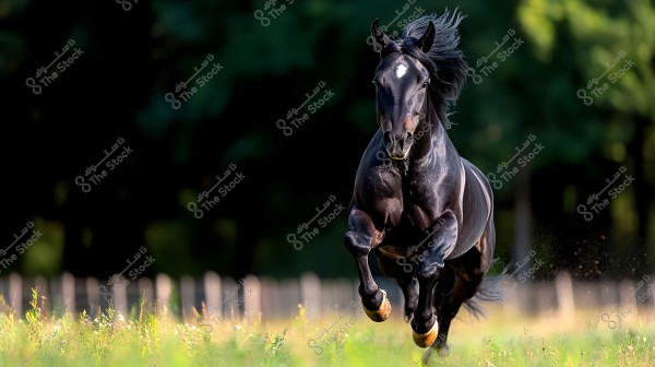 A beautiful black horse runs freely in a green field, with its ears pricked and coat glistening in the sunlight. The background consists of dark green trees that emphasize the horse\'s motion and strength.