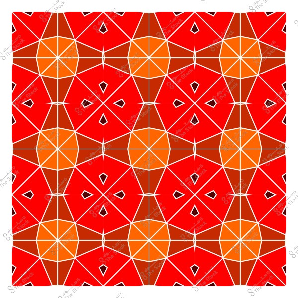 تصميم هندسي مزخرف يحتوي على أشكال متكررة بألوان حمراء وبرتقالية. الأشكال تتكون من أنماط مثلثة ومعينية متداخلة, مرتبة في شبكة تناظرية متناسقة. الخطوط البيضاء تفصل بين الأشكال, مضيفةً تبايناً واضحاً للتصميم.

-