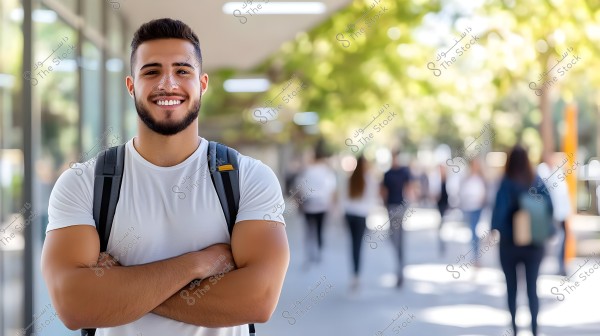 A smiling young man wearing a white t-shirt and carrying a gray backpack stands in a pedestrian street lined with trees. The background shows people walking in trendy clothing on a sunny street.