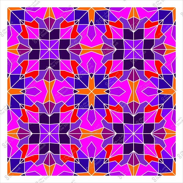 تصميم هندسي مزخرف بألوان زاهية, يضم أشكالاً متكررة بألوان البنفسجي, الأحمر, البرتقالي والأزرق على خلفية وردية, يشبه النمط في زخارف البلاط الإسلامي التقليدي.

-