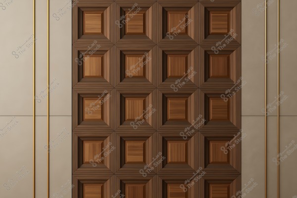 The image shows a contemporary wall design featuring square wooden panels arranged in a repetitive pattern. The panels are made of brown wood in varying shades, creating a distinctive geometric pattern. Vertical golden metal rods are also visible on the walls, adding a touch of elegance.