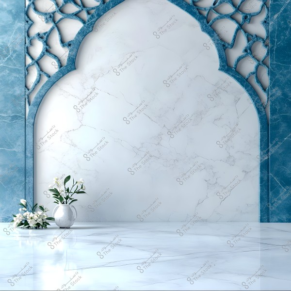 An image depicting an interior design with architectural features. The scene includes a smooth marble wall in white with grey veining, accented by decorative blue carved frames on the sides. In the foreground, a white vase containing white flowers and green leaves is placed on a glossy marble floor.