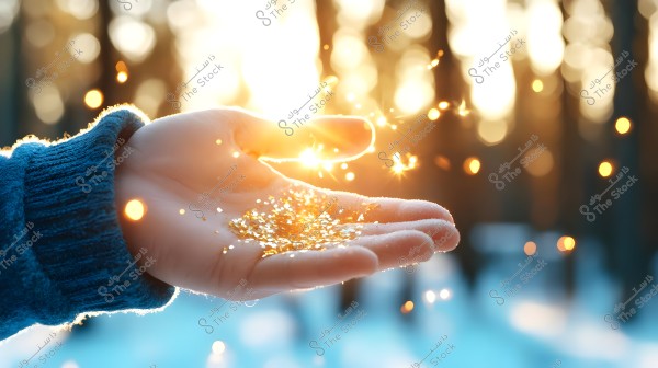 An open hand wearing a blue sweater holds golden glitter shimmering in the bright sunlight. The background is blurred with sun rays and scattered light, creating a warm and magical atmosphere.