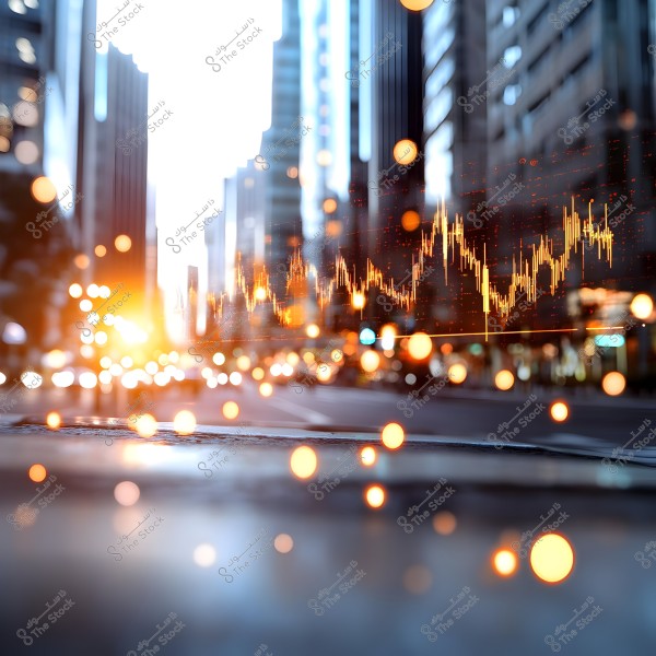 An image of a modern city filled with skyscrapers, with graphical chart reflections in gold colors in the foreground, accompanied by glowing lights and bokeh effects throughout the scene. It conveys the concept of economics and financial markets in an urban setting.