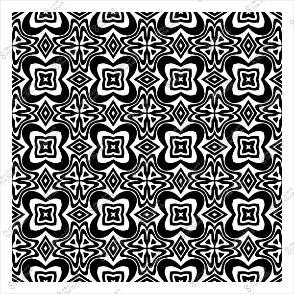 نمط زخرفي أبيض وأسود متماثل يحتوي على أشكال زهرية وهندسية.