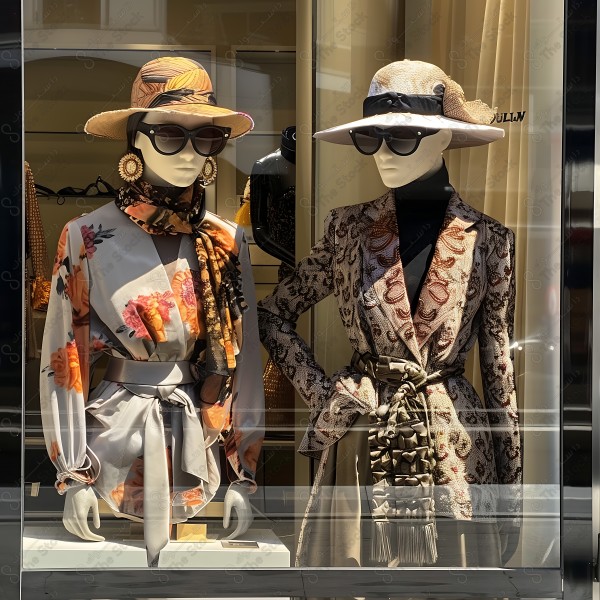 A store window displaying two mannequins dressed in elegant outfits with distinctive prints, hats, and sunglasses, reflecting a sophisticated and luxurious style. This image was generated by artificial intelligence.