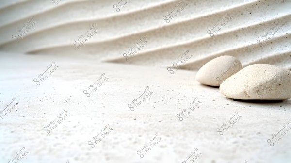The image shows two white pebbles on a white sandy surface. The surface has wavy lines that create a calm and simple appearance. The focus of the image is primarily on the pebbles positioned to the right in the foreground.