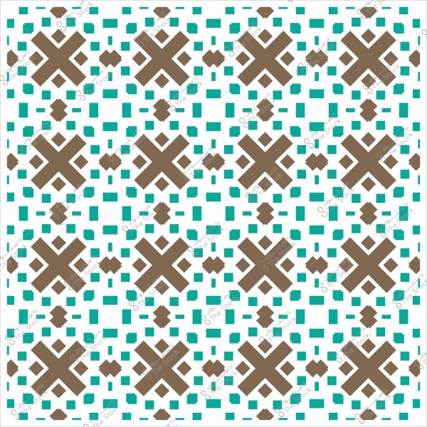 نمط هندسي إسلامي بتكرار أشكال مربعة وصلبان مع ألوان بني وأزرق على خلفية بيضاء.