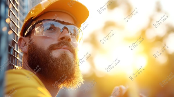 A photo of a man wearing a yellow safety helmet and protective glasses. The golden sunlight reflects on his face. Behind him, there is a metal fence and the sunlight appears softly through the trees.