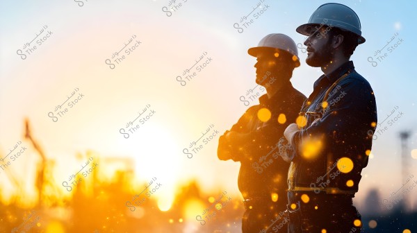 Side view of two individuals wearing hard hats and work vests standing at a construction site during sunset. The background features blurred cranes with golden light and sparks, creating a dramatic atmosphere.