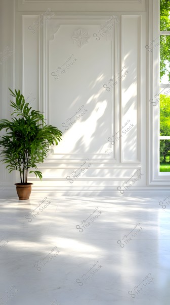 A bright room with classic design features a white wall adorned with embossed floral accents. A green plant in a terracotta pot sits on the white marble floor. Sunlight streams through the large window, casting shadows on the wall and floor, with a view of green trees outside.