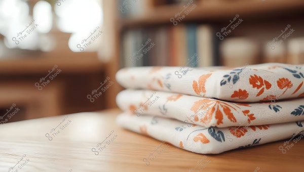 The image shows three folded white fabrics on a light-colored wooden table. The fabrics are decorated with floral patterns in orange and blue. In the background, there is a blurred bookshelf.