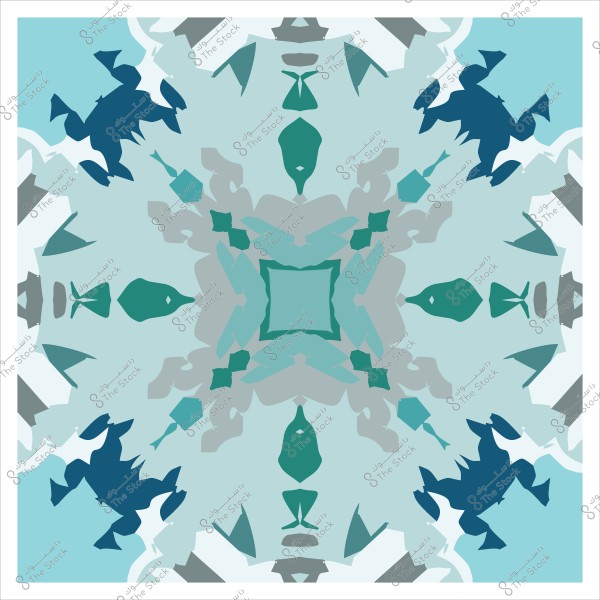 تصميم هندسي متناظر بتدرجات اللون الأزرق والأخضر يظهر أشكال تجريدية تُشبه الأسماك والسرطانات.