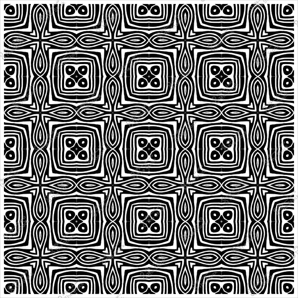 نمط أبيض وأسود يتكون من مربعات متكررة بنمط هندسي معقد يحتوي على أشكال دائرية وخطوط متداخلة.