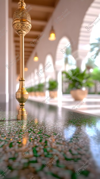 View of an interior with Islamic architectural design featuring a row of white columns and arches. In the foreground, there is a gold-decorated metal post on a surface covered with green and white mosaic tiles. Green plants are visible in the background with warm lighting hanging from the ceiling.