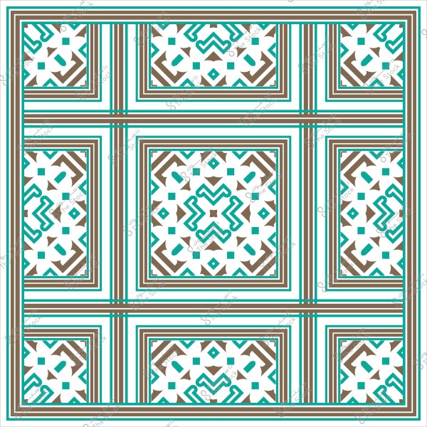 Geometric ornamental pattern featuring brown and turquoise blue elements, repeated symmetrically within a square frame.