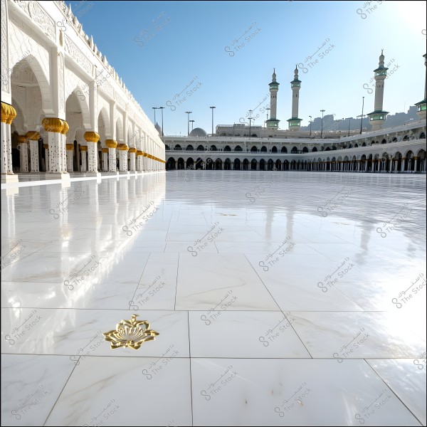 An image of the courtyard of the Grand Mosque in Mecca, Saudi Arabia, showing the white marble flooring with a gold pattern on one of the tiles. Part of the exterior colonnade is visible with its white columns and golden decorations, with the mosque\'s minarets in the background under a clear blue sky.