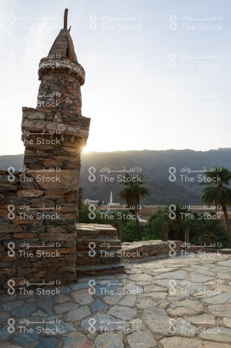 منارة مبنية من الحجر بجانبها مجموعة نخيل وتظهر السماء شبه صافية نهارًا في قرية ذي عين بمنطقة الباحة