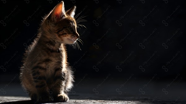 A small kitten is illuminated by a light source, making it stand out against the dark background