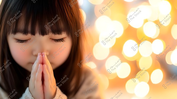 Image of a young girl with her face shown, eyes closed, and an expression suggesting concentration or prayer. She is wearing winter clothing with a simple head adornment. The background features glowing bokeh lights in yellow and orange hues.