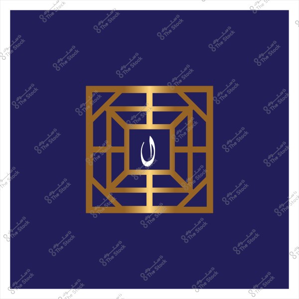 تصميم هندسي ذهبي على خلفية زرقاء مع حرف النون في المركز.