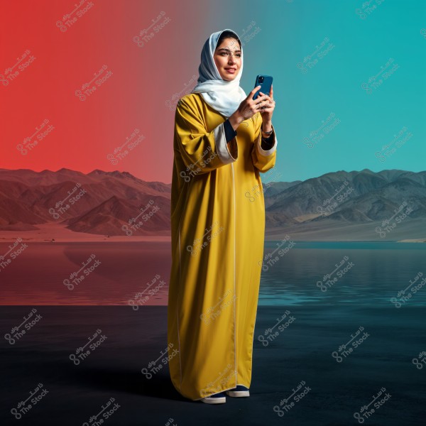 A portrait of a woman wearing a yellow abaya and a white headscarf, standing and smiling while holding a smartphone. In the background, a natural scene of mountains and a lake is visible under a sky that transitions from red to blue.