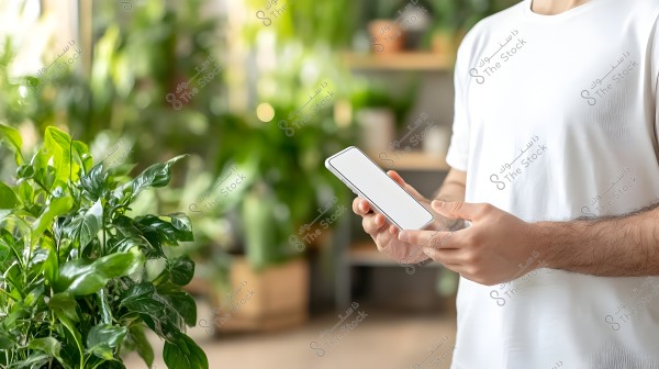 The image shows a person wearing a white T-shirt, holding a white smartphone with a blank screen. In the background, there are several green plants in various pots, creating a feeling of nature and tranquility. The scene appears to be in an indoor setting with natural lighting.