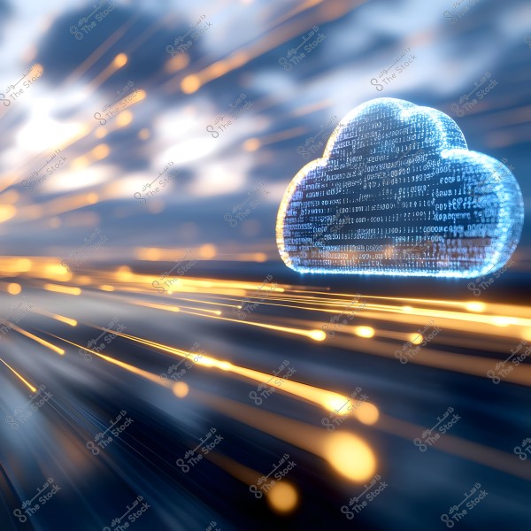An image depicting a digital cloud composed of illuminated binary numbers in a 3D effect, with glowing light streaks in gold and blue in the background, symbolizing cloud technology and data movement.