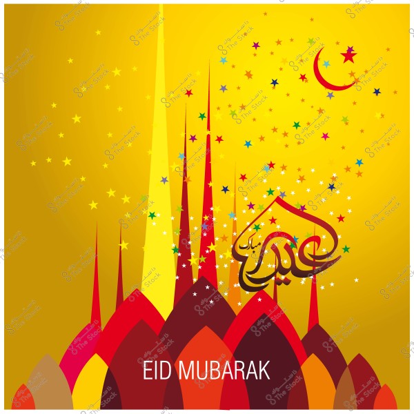 A design featuring Eid Mubarak greetings with stars, a crescent moon, and bright colors in the background.