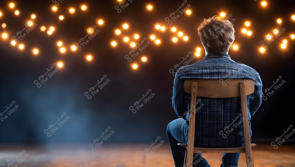 An image of a person sitting on a chair with their back to the camera, wearing a blue checkered shirt. The person is facing glowing lights against a black background, creating a theatrical or dreamy atmosphere.